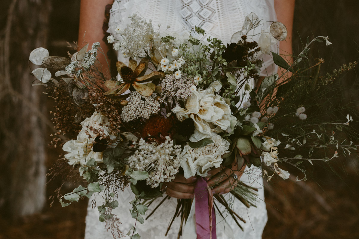 Wild and natural wedding flowers for an intimate elopement by Queenstown florist The Lovers Elopement Co.