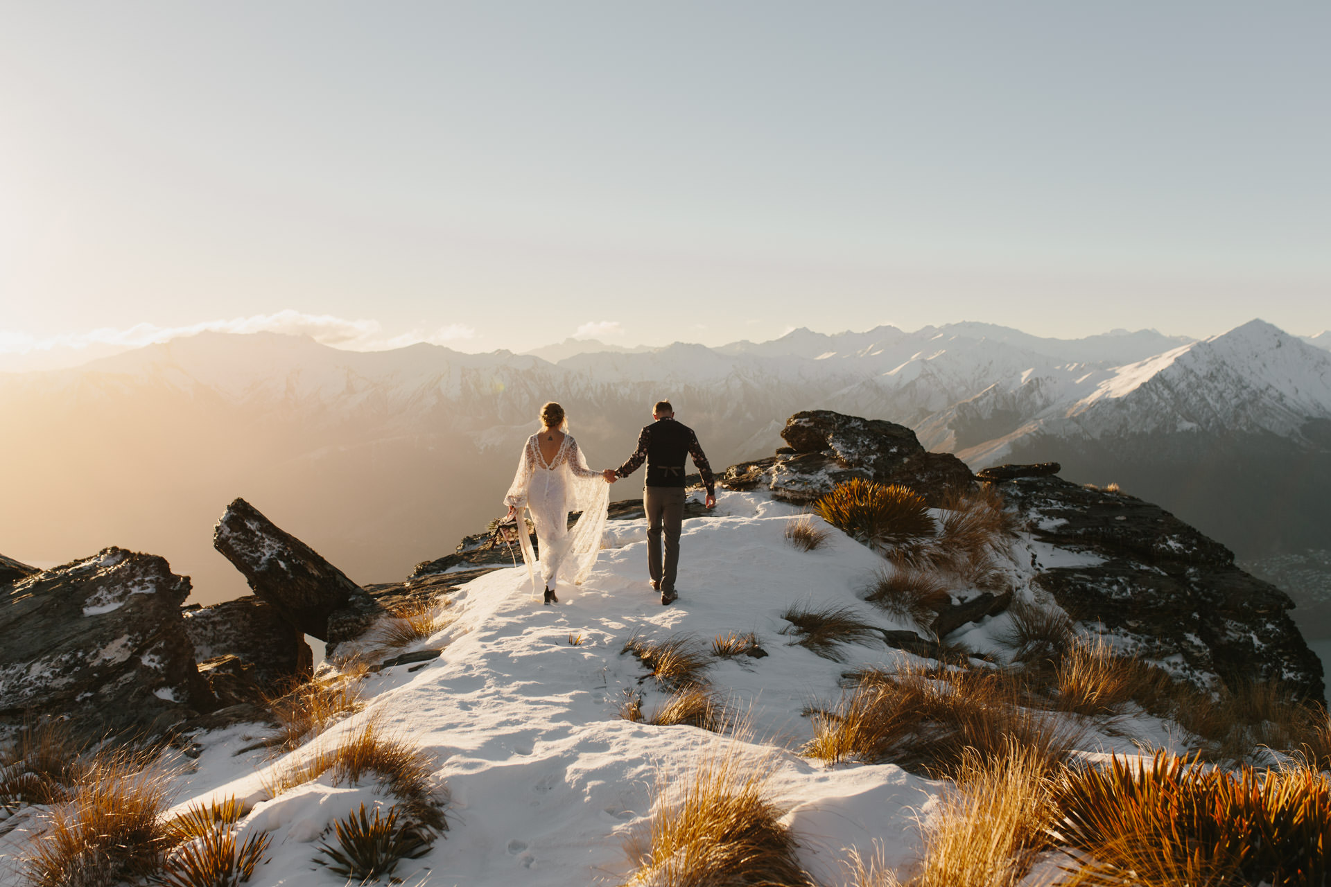 Golden hour Cecil Peak winter helicopter elopement in Queenstown New Zealand by The Lovers Elopement Co