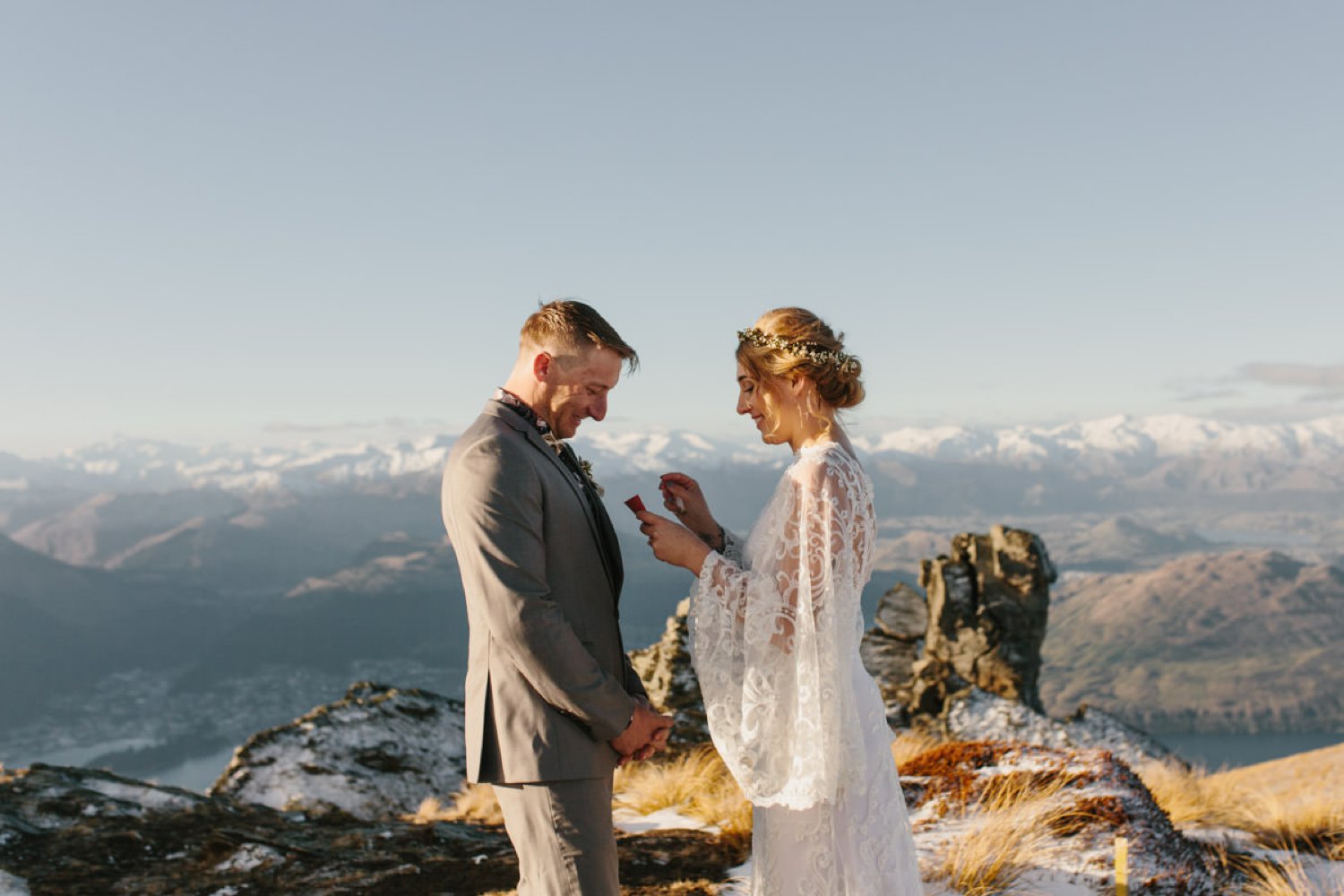 Bride and groom saying their vows at their Cecil Peak winter Queenstown Helicopter Elopement