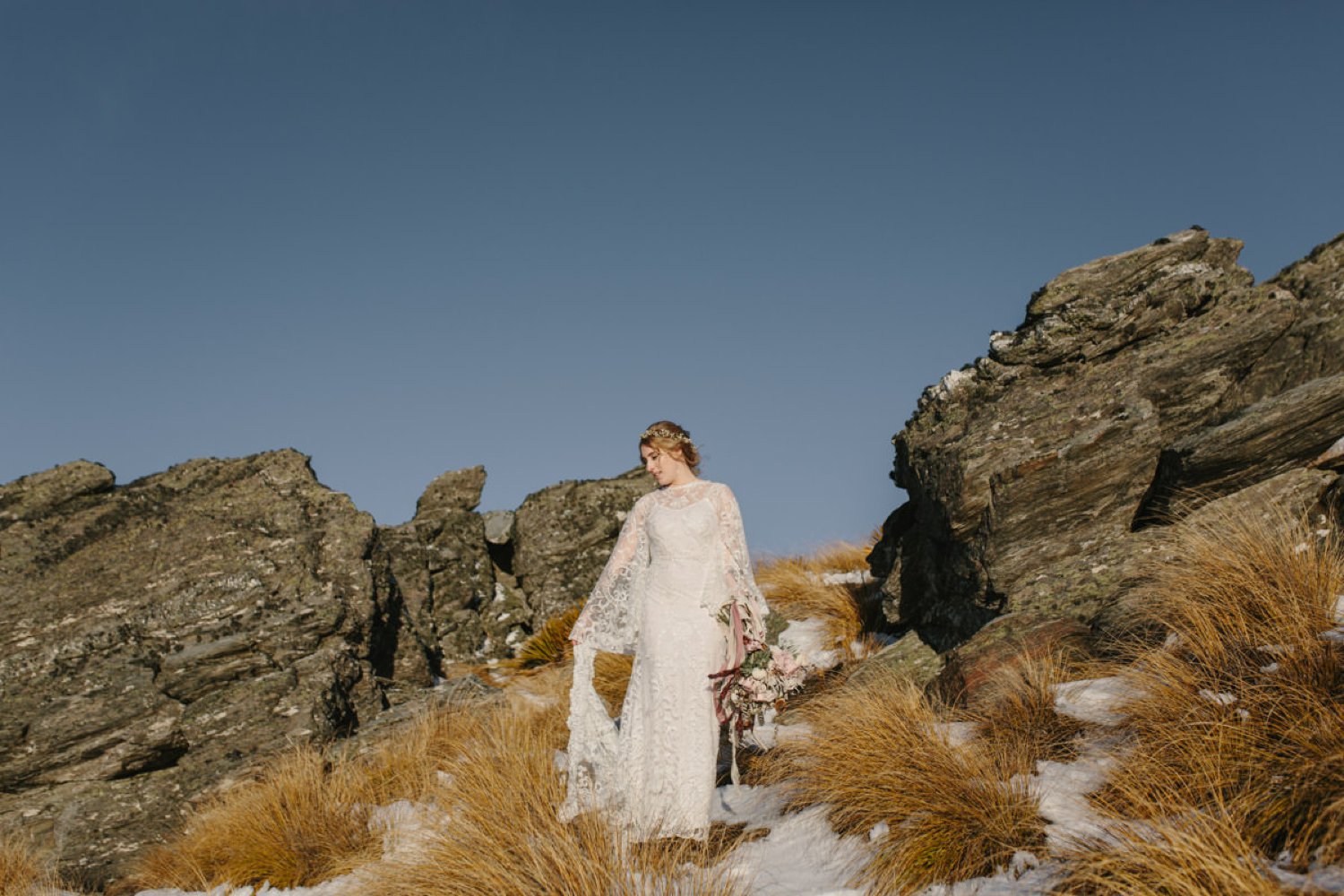 Bride wearing The Maya gown by Brooke Tyson Ritual at Queenstown Elopement