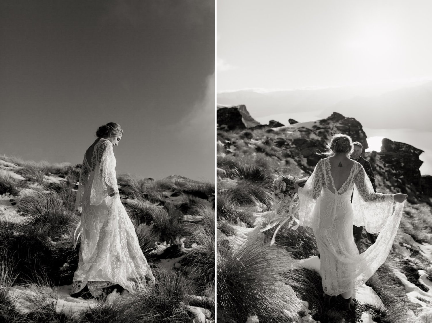 Beautiful Bride wearing Brooke Tyson Ritual The Maya gown at New Zealand mountain elopement by The Lovers Elopement Co